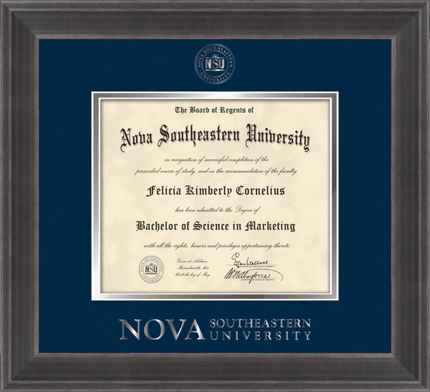 Image of Nova Southeastern University Diploma Frame - Metro Antique Pewter Double - w/Silver Embossed NSU Seal & Wordmark - Navy on Silver mat