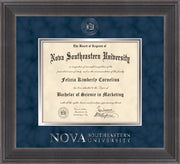 Image of Nova Southeastern University Diploma Frame - Metro Antique Pewter Double - w/Silver Embossed NSU Seal & Wordmark - Navy Suede on Silver mat
