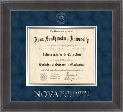 Image of Nova Southeastern University Diploma Frame - Metro Antique Pewter Double - w/Silver Embossed NSU Seal & Wordmark - Navy Suede on Silver mat