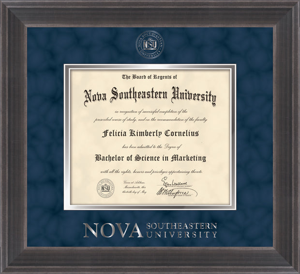 Image of Nova Southeastern University Diploma Frame - Metro Antique Pewter Double - w/Silver Embossed NSU Seal & Wordmark - Navy Suede on Silver mat