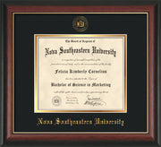 Image of Nova Southeastern University Diploma Frame - Rosewood w/Gold Lip - w/Embossed NSU Seal & Name - Black on Gold mat
