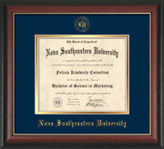 Image of Nova Southeastern University Diploma Frame - Rosewood w/Gold Lip - w/Embossed NSU Seal & Name - Navy on Gold mat