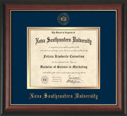 Image of Nova Southeastern University Diploma Frame - Rosewood w/Gold Lip - w/Embossed NSU Seal & Name - Navy on Gold mat