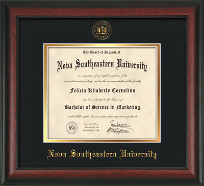 Image of Nova Southeastern University Diploma Frame - Rosewood - w/Embossed NSU Seal & Name - Black on Gold mat