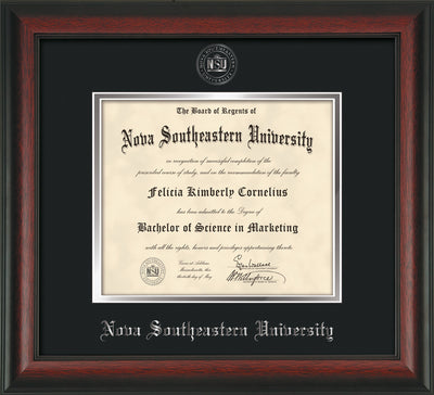 Image of Nova Southeastern University Diploma Frame - Rosewood - w/Silver Embossed NSU Seal & Name - Black on Silver mat