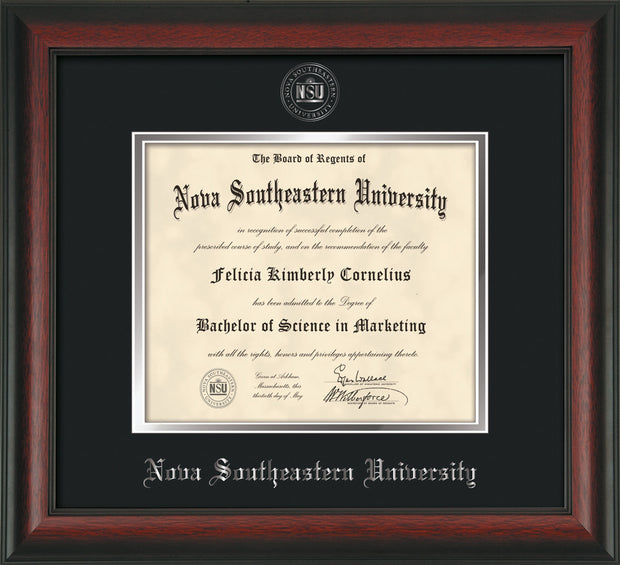 Image of Nova Southeastern University Diploma Frame - Rosewood - w/Silver Embossed NSU Seal & Name - Black on Silver mat