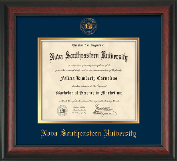 Image of Nova Southeastern University Diploma Frame - Rosewood - w/Embossed NSU Seal & Name - Navy on Gold mat
