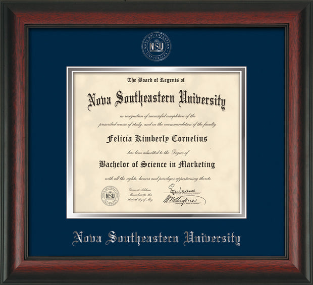 Image of Nova Southeastern University Diploma Frame - Rosewood - w/Silver Embossed NSU Seal & Name - Navy on Silver mat
