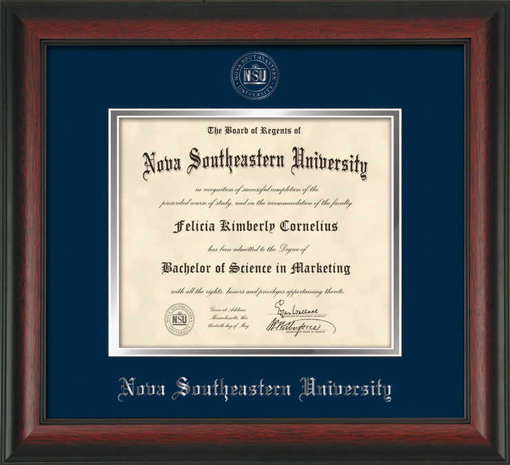 Image of Nova Southeastern University Diploma Frame - Rosewood - w/Silver Embossed NSU Seal & Name - Navy on Silver mat