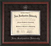 Image of Nova Southeastern University Diploma Frame - Rosewood - w/Silver Embossed NSU Seal & Name - Black Suede on Silver mat
