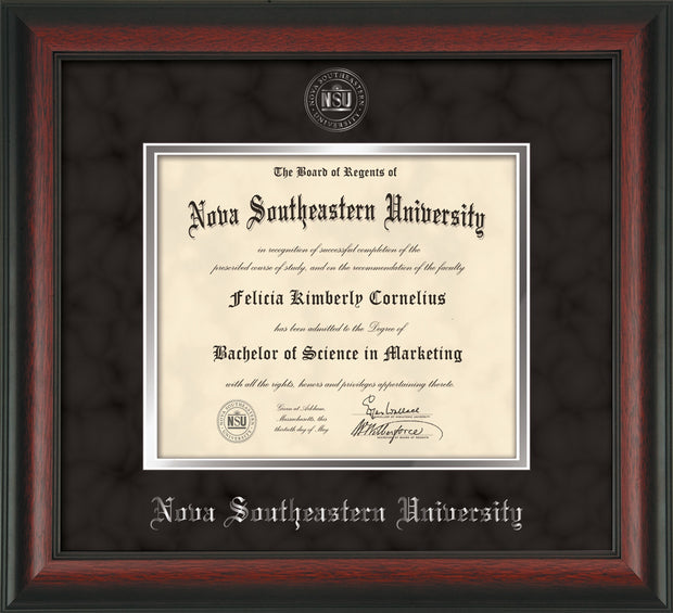 Image of Nova Southeastern University Diploma Frame - Rosewood - w/Silver Embossed NSU Seal & Name - Black Suede on Silver mat