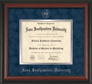 Image of Nova Southeastern University Diploma Frame - Rosewood - w/Silver Embossed NSU Seal & Name - Navy Suede on Silver mat