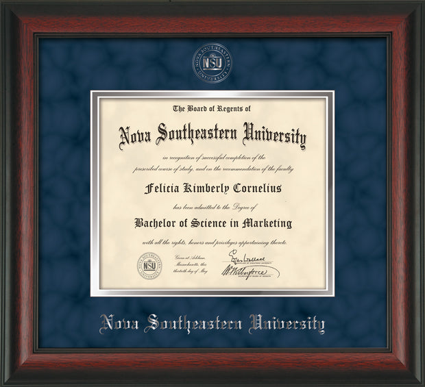 Image of Nova Southeastern University Diploma Frame - Rosewood - w/Silver Embossed NSU Seal & Name - Navy Suede on Silver mat