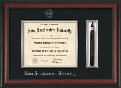 Image of Nova Southeastern University Diploma Frame - Rosewood - w/Silver Embossed NSU Seal & Name - Tassel Holder - Black on Silver mat