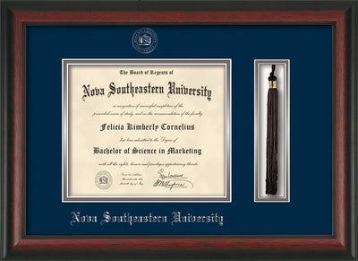 Image of Nova Southeastern University Diploma Frame - Rosewood - w/Silver Embossed NSU Seal & Name - Tassel Holder - Navy on Silver mat