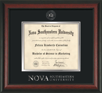 Image of Nova Southeastern University Diploma Frame - Rosewood - w/Silver Embossed NSU Seal & Wordmark - Black on Silver mat