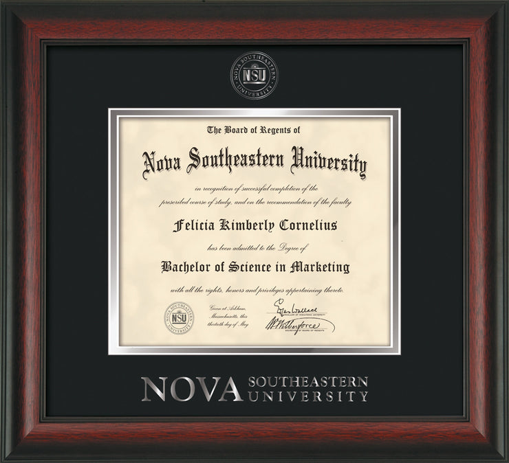 Image of Nova Southeastern University Diploma Frame - Rosewood - w/Silver Embossed NSU Seal & Wordmark - Black on Silver mat