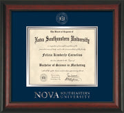 Image of Nova Southeastern University Diploma Frame - Rosewood - w/Silver Embossed NSU Seal & Wordmark - Navy on Silver mat