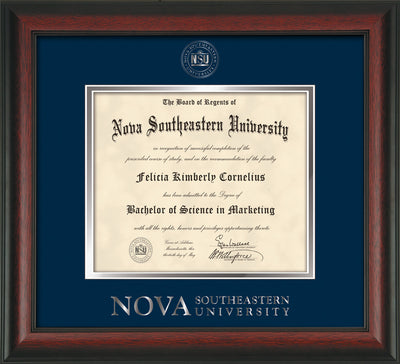 Image of Nova Southeastern University Diploma Frame - Rosewood - w/Silver Embossed NSU Seal & Wordmark - Navy on Silver mat