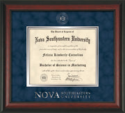 Image of Nova Southeastern University Diploma Frame - Rosewood - w/Silver Embossed NSU Seal & Wordmark - Navy Suede on Silver mat