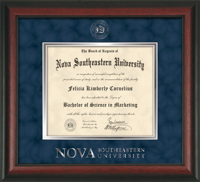 Image of Nova Southeastern University Diploma Frame - Rosewood - w/Silver Embossed NSU Seal & Wordmark - Navy Suede on Silver mat