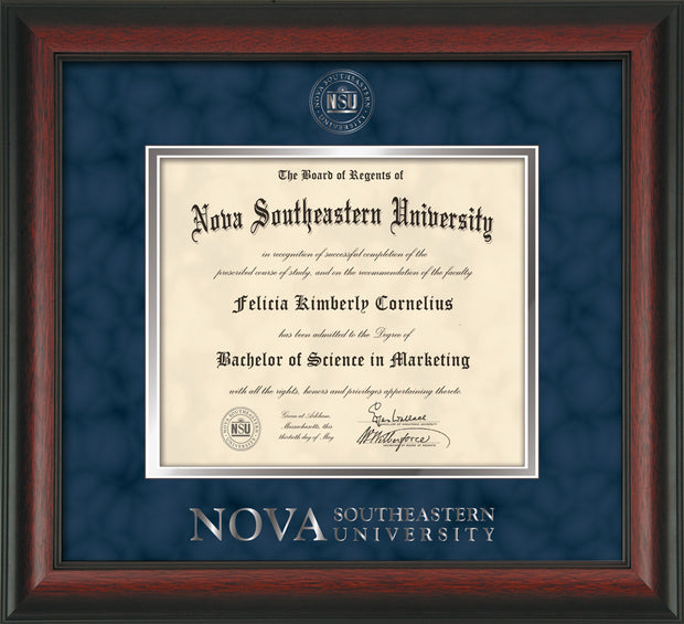 Image of Nova Southeastern University Diploma Frame - Rosewood - w/Silver Embossed NSU Seal & Wordmark - Navy Suede on Silver mat