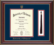 University of Richmond Diploma Frame - Cherry Lacquer - w/Embossed Seal & Name - Tassel Holder - Navy on Red mats