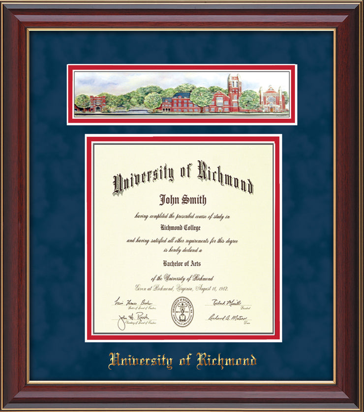 University of Richmond Diploma Frame - Cherry Lacquer - w/Embossed School Name Only - Campus Collage - Navy Suede on Red mat