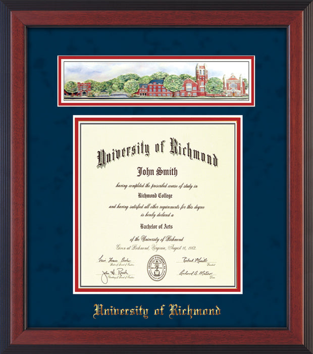 University of Richmond Diploma Frame - Cherry Reverse - w/Embossed School Name Only - Campus Collage - Navy Suede on Red mat
