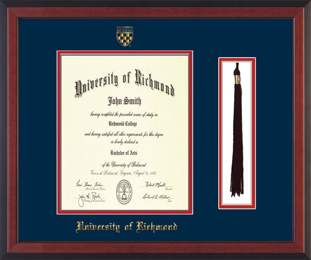 University of Richmond Diploma Frame - Cherry Reverse - w/Embossed Seal & Name - Tassel Holder - Navy on Red mats