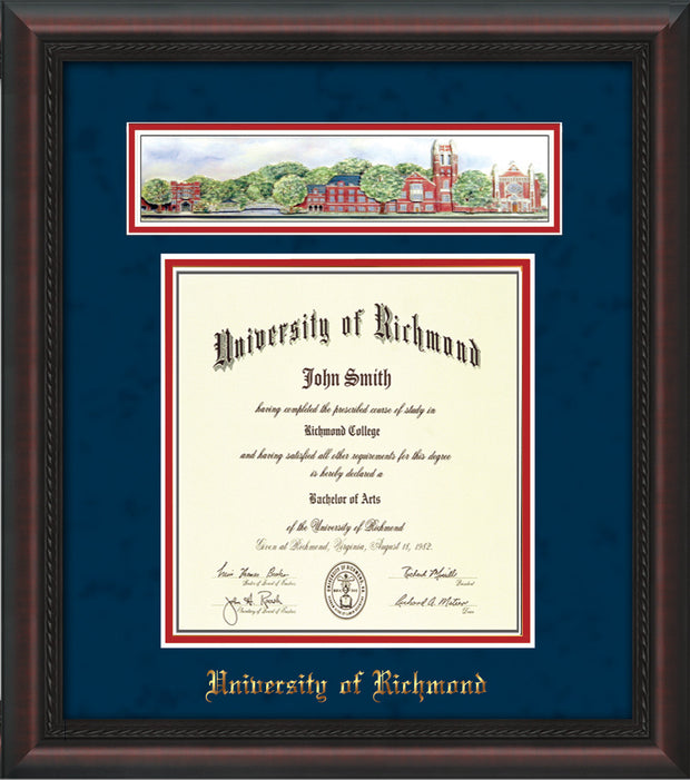 University of Richmond Diploma Frame - Mahogany Braid - w/Embossed School Name Only - Campus Collage - Navy Suede on Red mat