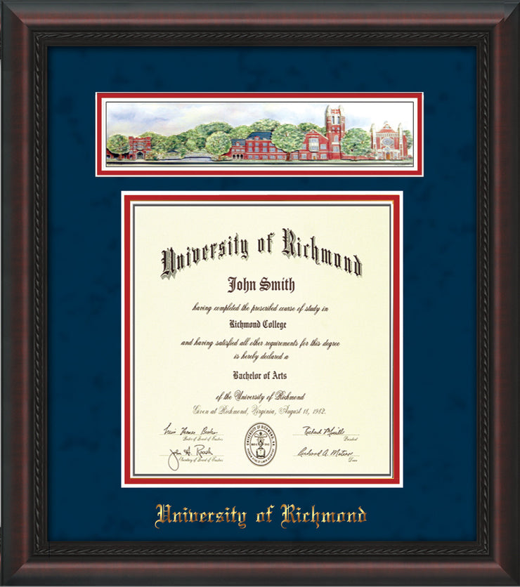 University of Richmond Diploma Frame - Mahogany Braid - w/Embossed School Name Only - Campus Collage - Navy Suede on Red mat