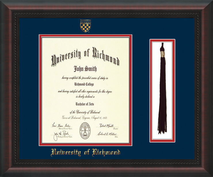 University of Richmond Diploma Frame - Mahogany Braid - w/Embossed Seal & Name - Tassel Holder - Navy on Red mats