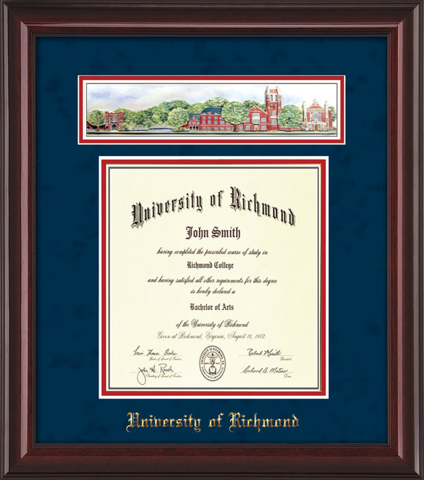 University of Richmond Diploma Frame - Mahogany Lacquer - w/Embossed School Name Only - Campus Collage - Navy Suede on Red mat