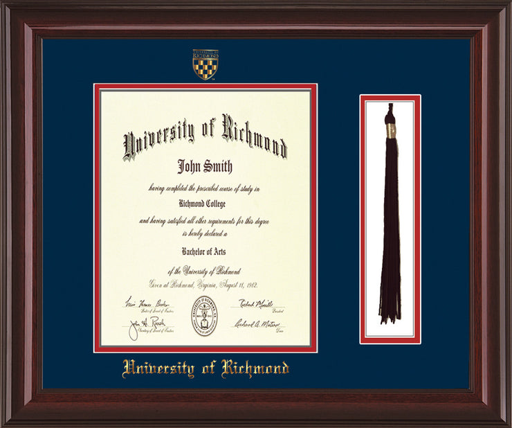 University of Richmond Diploma Frame - Mahogany Lacquer - w/Embossed Seal & Name - Tassel Holder - Navy on Red mats