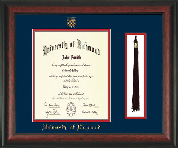 University of Richmond Diploma Frame - Rosewood - w/Embossed Seal & Name - Tassel Holder - Navy on Red mats