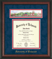 University of Richmond Diploma Frame - Rosewood - w/Embossed School Name Only - Campus Collage - Navy Suede on Red mat