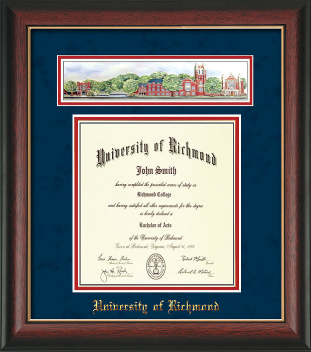University of Richmond Diploma Frame - Rosewood w/Gold Lip - w/Embossed School Name Only - Campus Collage - Navy Suede on Red mat