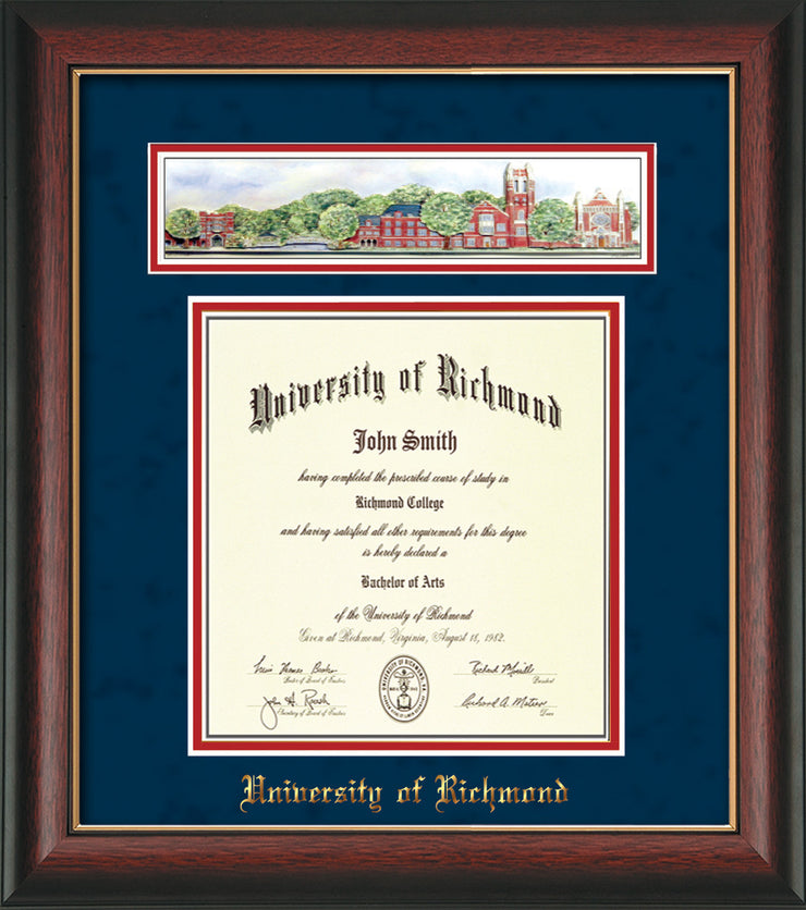 University of Richmond Diploma Frame - Rosewood w/Gold Lip - w/Embossed School Name Only - Campus Collage - Navy Suede on Red mat