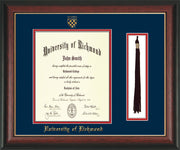 University of Richmond Diploma Frame - Rosewood w/Gold Lip - w/Embossed Seal & Name - Tassel Holder - Navy on Red mats