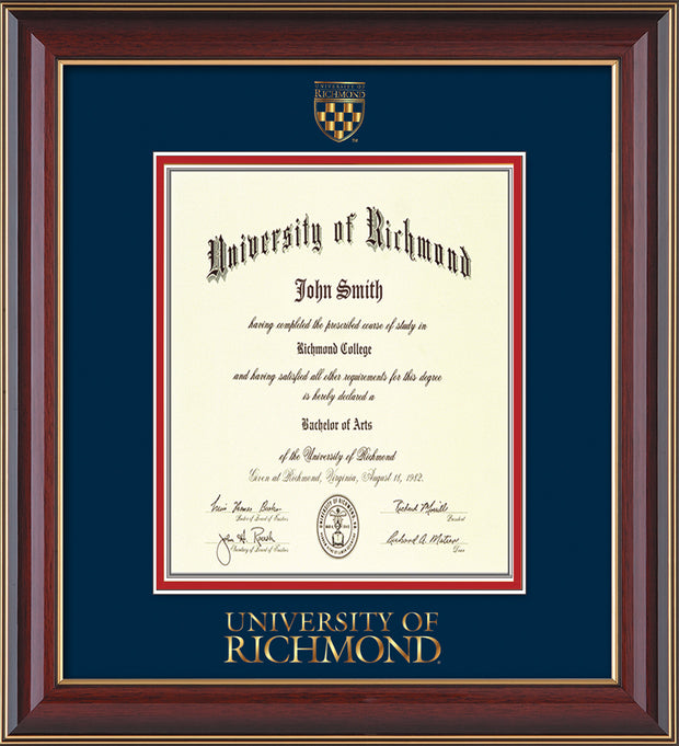 Image of University of Richmond Diploma Frame - Cherry Lacquer - w/Embossed Seal & Wordmark - Navy on Red mats - LAW