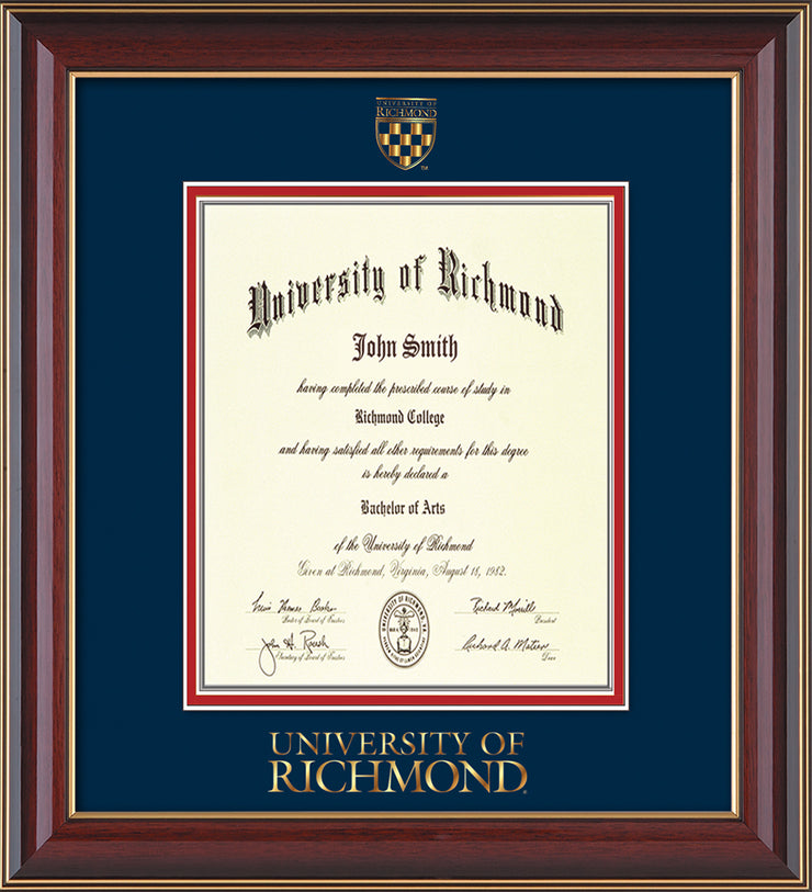 Image of University of Richmond Diploma Frame - Cherry Lacquer - w/Embossed Seal & Wordmark - Navy on Red mats - LAW