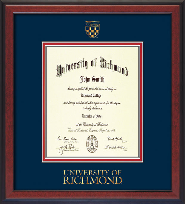 Image of University of Richmond Diploma Frame - Cherry Reverse - w/Embossed Seal & Wordmark - Navy on Red mats - LAW