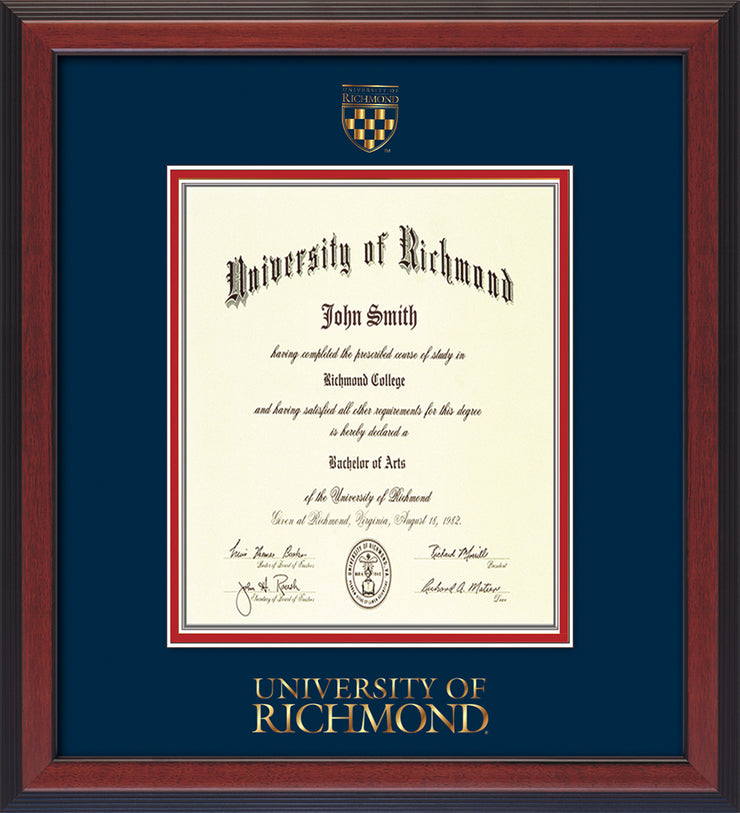 Image of University of Richmond Diploma Frame - Cherry Reverse - w/Embossed Seal & Wordmark - Navy on Red mats - LAW