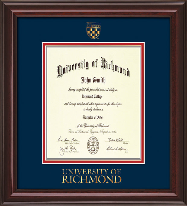 Image of University of Richmond Diploma Frame - Mahogany Lacquer - w/Embossed Seal & Wordmark - Navy on Red mats - LAW