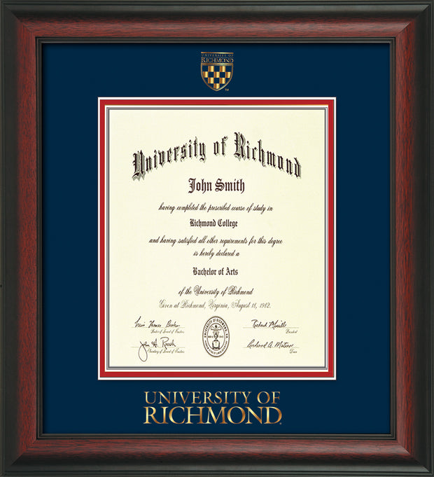 Image of University of Richmond Diploma Frame - Rosewood - w/Embossed Seal & Wordmark - Navy on Red mats - LAW