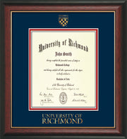 Image of University of Richmond Diploma Frame - Rosewood w/Gold Lip - w/Embossed Seal & Wordmark - Navy on Red mats - LAW