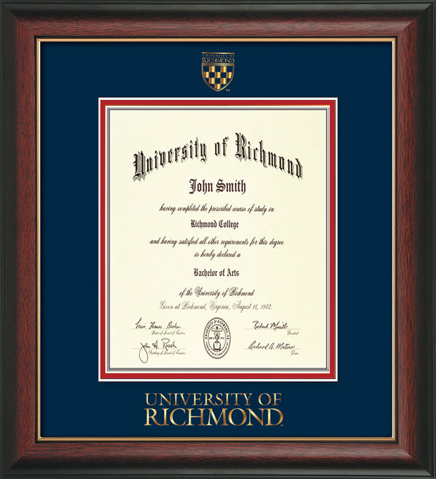 Image of University of Richmond Diploma Frame - Rosewood w/Gold Lip - w/Embossed Seal & Wordmark - Navy on Red mats - LAW