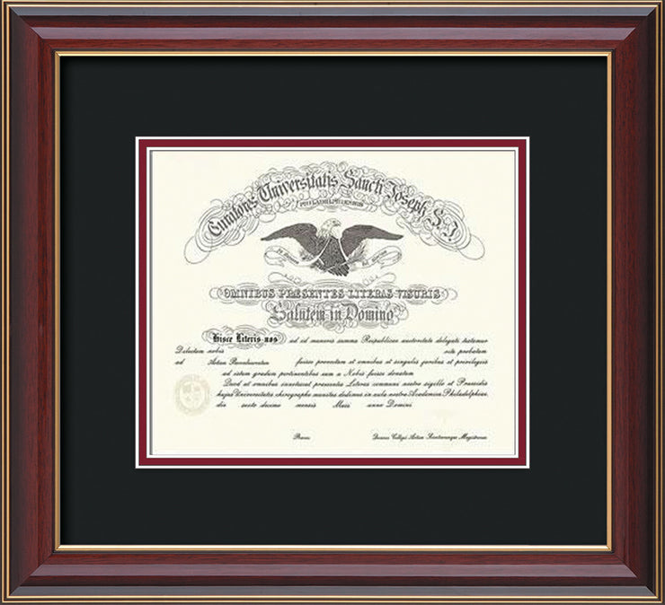Image of Saint Joseph's University Diploma Frame - Cherry Lacquer - No Embossing - Black on Crimson mat