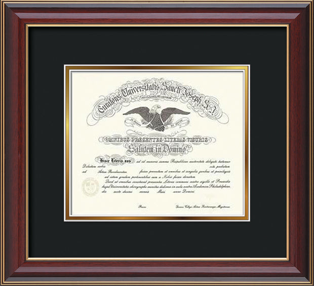 Image of Saint Joseph's University Diploma Frame - Cherry Lacquer - No Embossing - Black on Gold mat